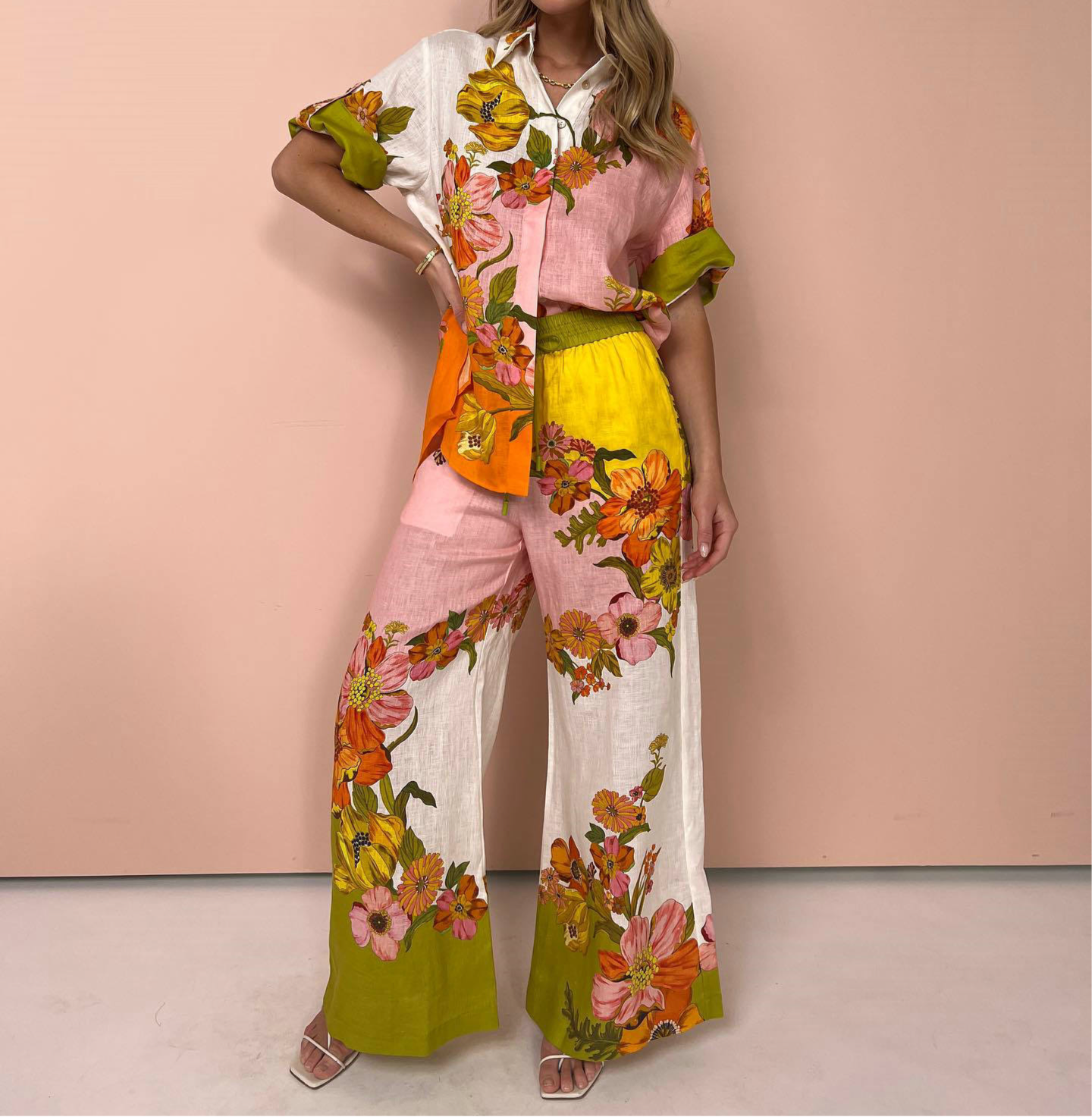 Floral Cotton And Linen Wide Leg Two-piece Suit