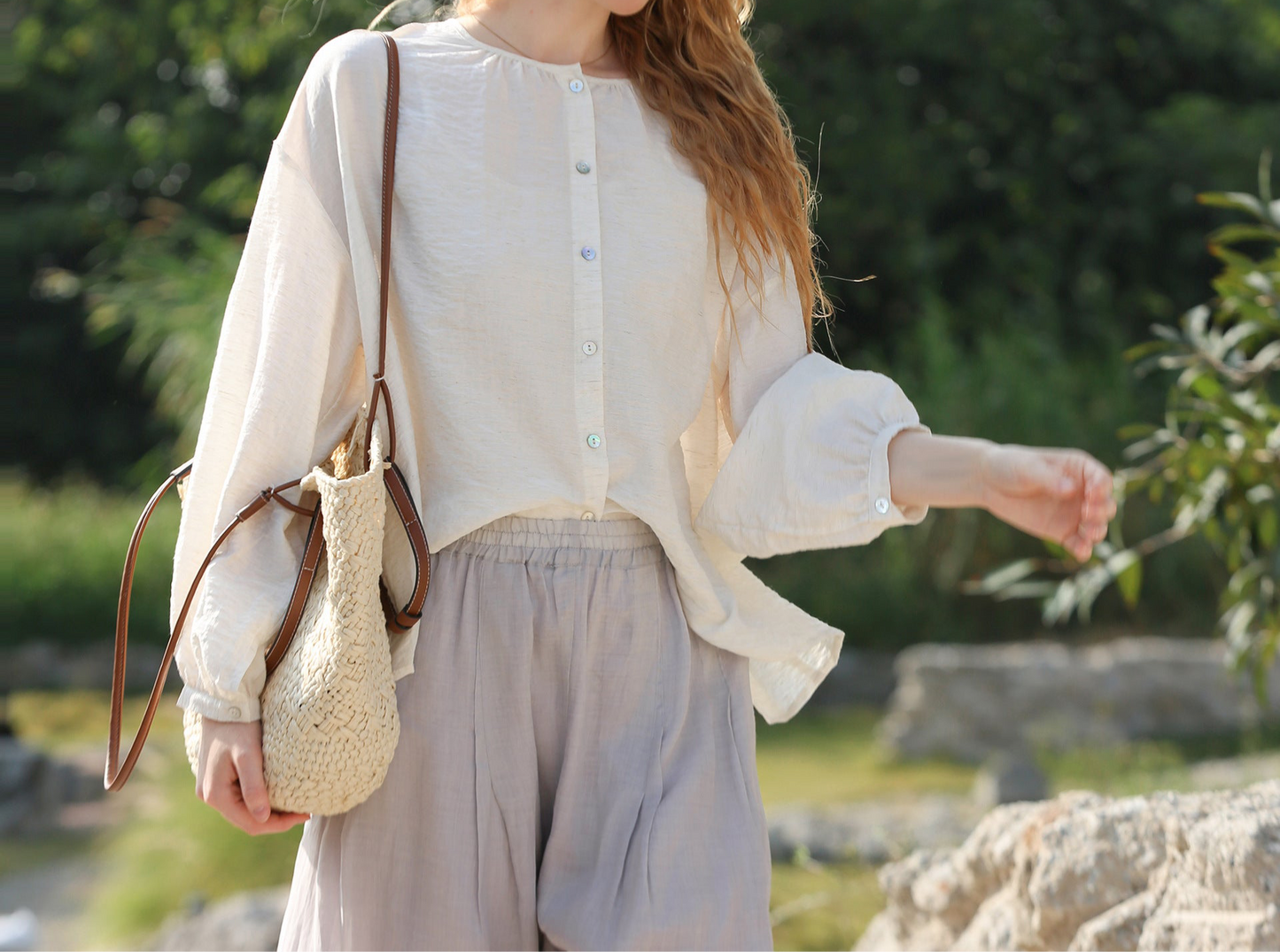 Loose Cotton Linen Round Neck Long Sleeve Blouse