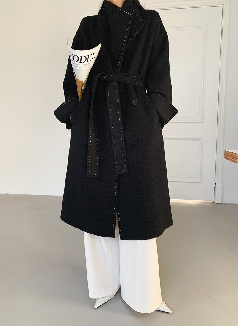 Long Fur Lapel Extended Lace-up Double-faced Woolen Goods Wool Coat
