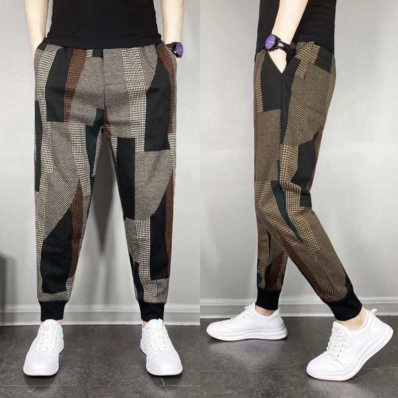 Men's Fashion Color Matching Woolen Tapered Casual Pants