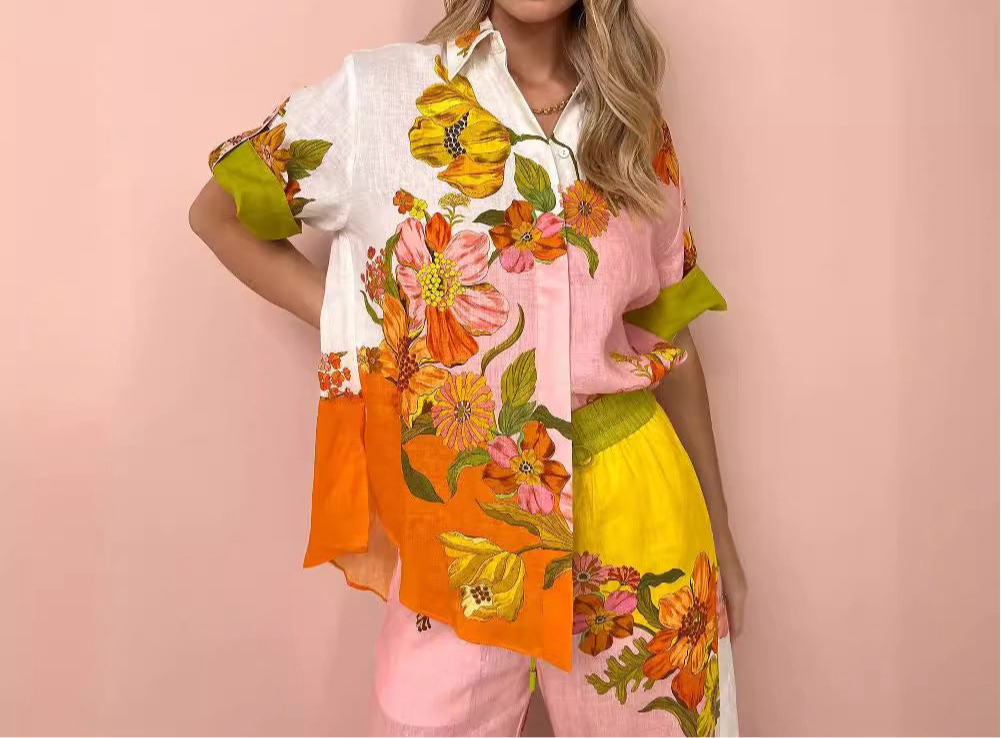 Floral Cotton And Linen Wide Leg Two-piece Suit