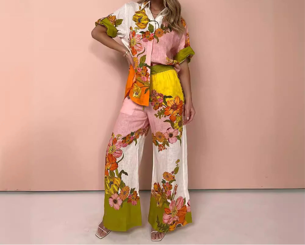 Floral Cotton And Linen Wide Leg Two-piece Suit