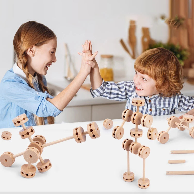 Wooden Building Blocks 60PCS Montessori STEM Toy for Kids 6+, Natural Wood Splicing Joints and Sticks Educational Sensory Tinker Creative 3D Playset Stacking Game