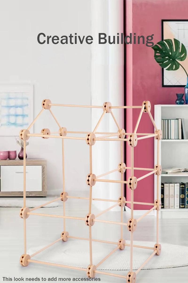 Wooden Building Blocks 60PCS Montessori STEM Toy for Kids 6+, Natural Wood Splicing Joints and Sticks Educational Sensory Tinker Creative 3D Playset Stacking Game