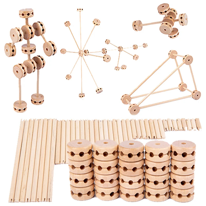 Wooden Building Blocks 60PCS Montessori STEM Toy for Kids 6+, Natural Wood Splicing Joints and Sticks Educational Sensory Tinker Creative 3D Playset Stacking Game