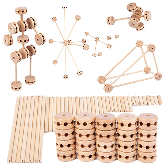 Wooden Building Blocks 60PCS Montessori STEM Toy for Kids 6+, Natural Wood Splicing Joints and Sticks Educational Sensory Tinker Creative 3D Playset Stacking Game