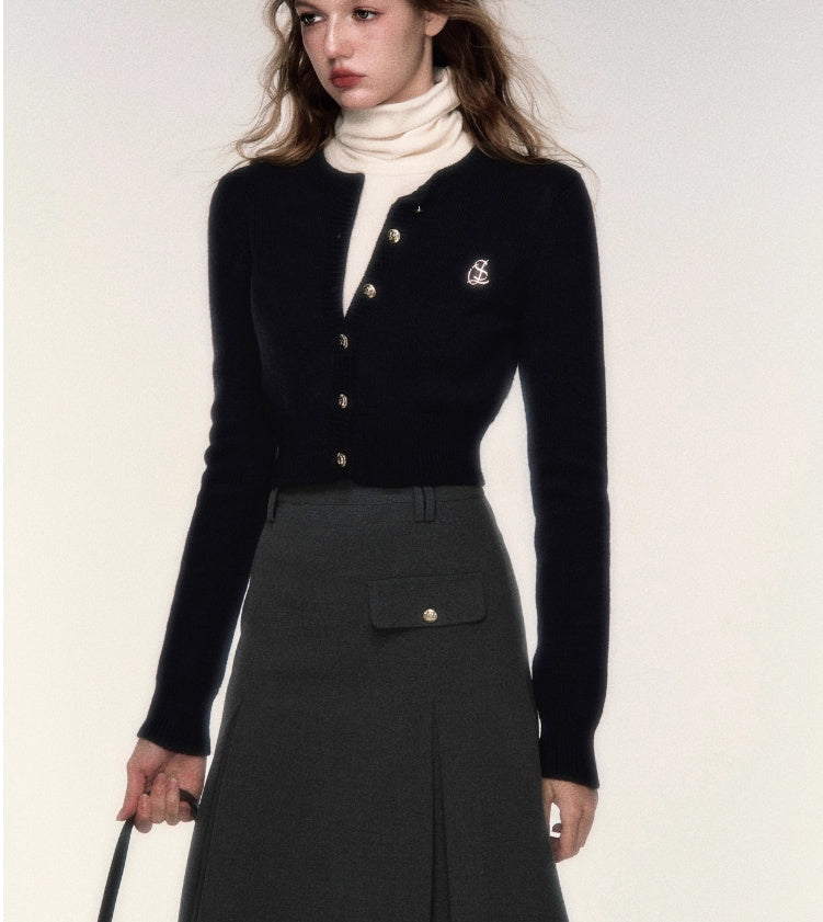 Short Round Neck Wool Sweater Cardigan