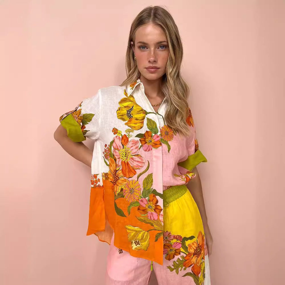 Floral Cotton And Linen Wide Leg Two-piece Suit